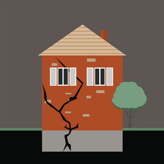 Earthquake Damaged House with Large Wall Cracks Disaster Risk Illustration
