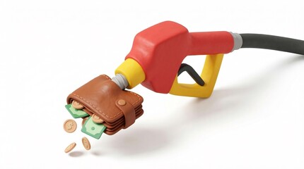 Fuel Nozzle Draining Wallet with Money Highlighting Rising Gas Prices and Economic Impact.