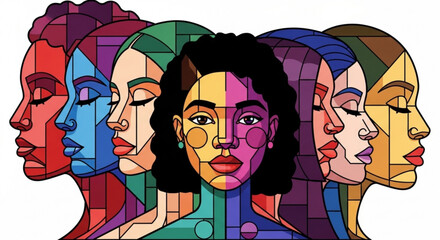 Diverse group of women's faces in profile and front view colorful mosaic style illustration representing unity and individuality