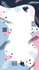 Abstract tropical background with palm leaves and pastel geometric shapes for social media story template