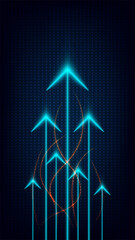 cyan glowing arrows rising on dark grid background with orange energy swirls for business growth and data technology concept