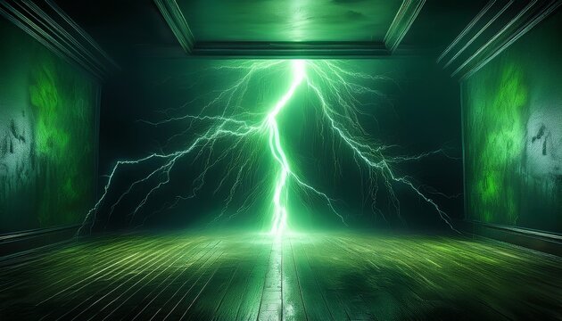 electric green lightning bolt illuminates a darkened room with an otherworldly glow its vibrant hue casting an ethereal light on the surrounding space shockwave atmospheric