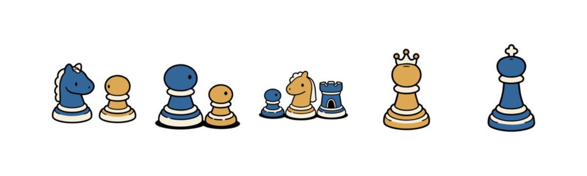 Colorful cartoon chess pieces on white background for gaming strategy
