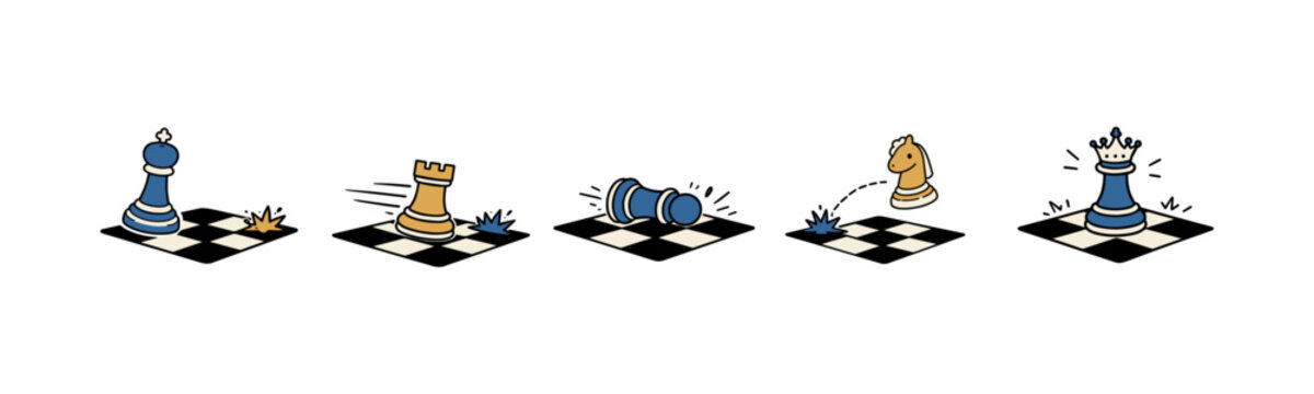 Dynamic chess pieces in motion on a black and white board