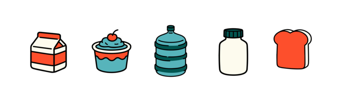 Colorful cartoon food and drink icons for menu or recipe design