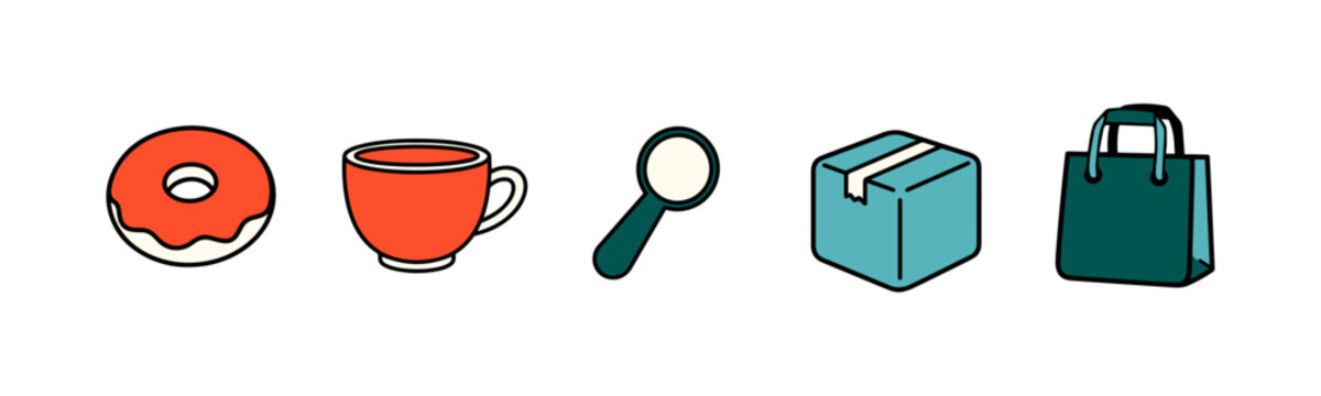 Colorful icons of food, drink, and shopping items for business or lifestyle use
