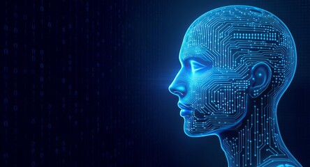 Obraz premium Digital Humanoid: A stunning, futuristic portrayal of a humanoid head, crafted from intricate circuit board designs, symbolizes the convergence of artificial intelligence and human form.