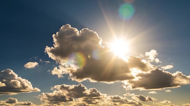 Bright sun shines through f clouds in a vibrant blue sky with beautiful rays