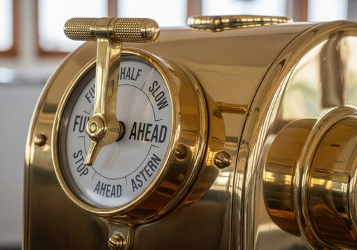 Polished brass marine engine telegraph dial indicates speed setting in the forward direction.