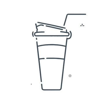 Simple line drawing of a disposable coffee cup with lid and straw, on a white background