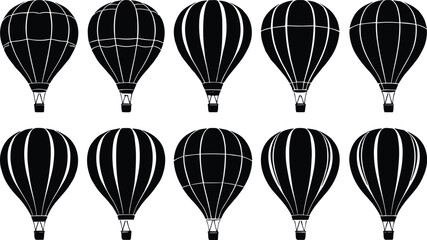 Black silhouette illustrations of hot air balloons with diverse envelope line patterns, perfect for travel themes, adventure concepts, aviation design, decoration, and creative projects © Md