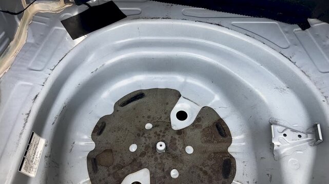 A car&rsquo;s trunk usually has a circular recessed metal section designed to hold the spare tire and tools.