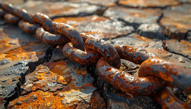 Rusty chain, weathered, bisecting a cracked, textured dark rock surface. Metal links show age, decay & erosion