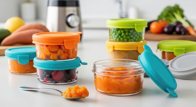 Colorful Baby Food Containers with Fresh Ingredients.