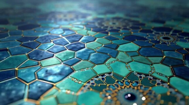 Intricate blue-green mosaic pattern, shimmering with golden geometric designs, reflecting the luxurious artistry of Middle Eastern culture on a vibrant, textured tile surface