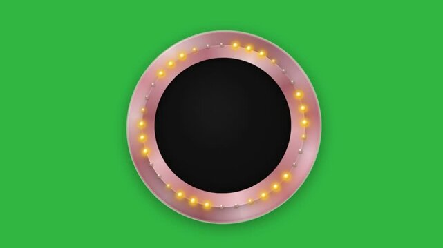 Animated Rose Gold Marquee Circle with Chasing Yellow Lights on a Green Screen. Elegant and Modern Looping Frame for Beauty, Fashion, or Wedding-themed Presentations. Chroma Key for Copy Space