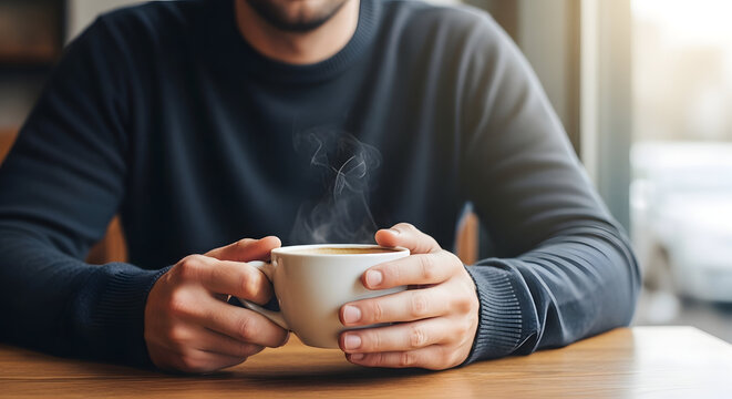 Pria memakai sweter nyaman memegang secangkir kopi panas yang mengepul di pagi hari yang tenang
