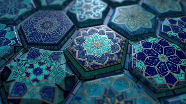Mesmerizing tessellation of intricate hexagonal tiles adorned with vibrant blue, green, and gold patterns, reflecting ancient cultural artistry and luxurious ornamentation