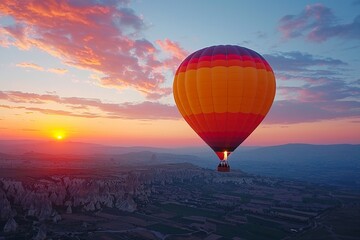 Obraz premium Hot air balloon soaring above valleys during sunset in Cappadocia, Turkey Generative AI