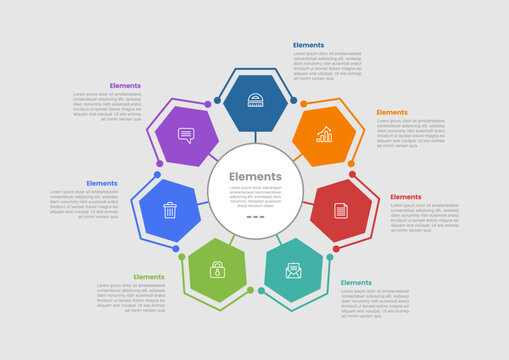 7 elements infographic comparison diagram with circle center with hexagon badge connected line spreading cycle circular with dot line style 7 step for slide presentation