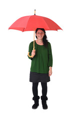  front view of a woman standing with an open umbrella