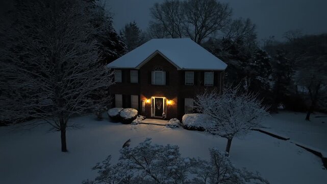Aerial dusk view of a snow-covered suburban house in America with warm porch lights glowing against a quiet winter evening landscape. Approaching shot. Quiet and cozy Suburb home of USA.