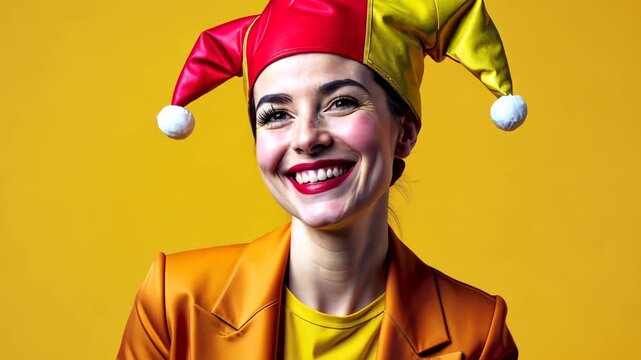 Smiling woman wearing jester hat with yellow background