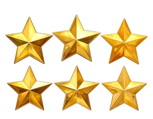 Obraz premium Six golden five-point stars are arranged neatly on a white background, shiny with reflections