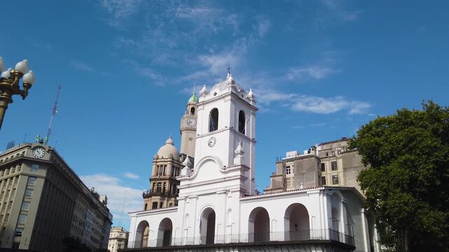 Establishing Cabildo of Buenos Aires White high clock tower european heritage building with sunset skyline