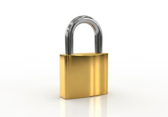 Shiny brass padlock with silver shackle stands isolated against a bright white background