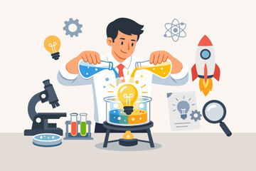 Creative scientist conducting laboratory experimentation to discover a new business idea or successful solution, pouring chemicals into a beaker with a glowing lightbulb, innovation concept.