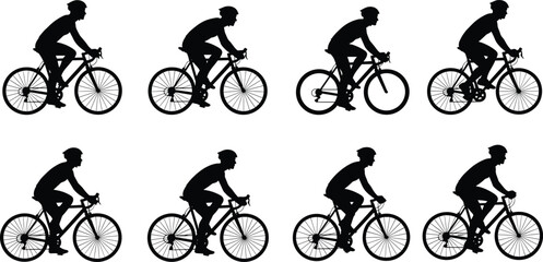 Cyclist riding road bicycle silhouettes collection, professional cycling sport activity, athlete on bike side view isolated illustration
