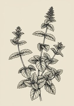 Detailed botanical sketch of lush peppermint foliage. Vintage, black and white engraved style drawing suitable for natural product labels or health concepts, aroma, ingredient, growth
