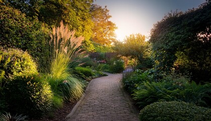 Obraz premium warm evening glow illuminates a garden path casting long shadows from lush foliage perfect for ambiance relaxation and outdoor living themes plants foliage