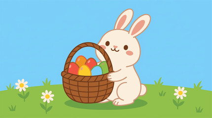 Cute bunny with basket of colorful Easter eggs in meadow vector
