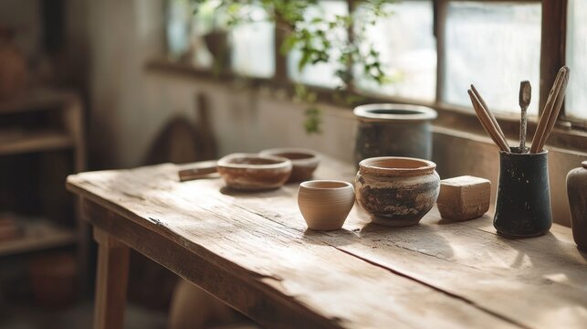 Authentic artisan pottery workspace with clay tools and warm natural light. Real textures and calm composition create a distinctive hero image perfect for craft brands, small businesses, maker culture