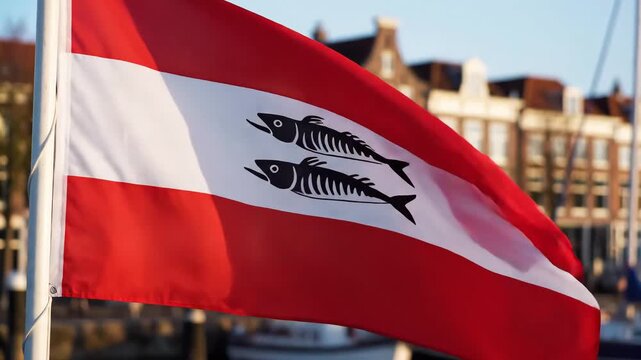 Austrian Flag With Fish Symbol Waving In The Wind Near Buildings.