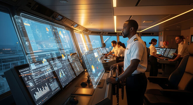 A sophisticated maritime ecosystem featuring cargo ships integrated with satellite links, autonomous drones, and underwater ROV surveillance systems