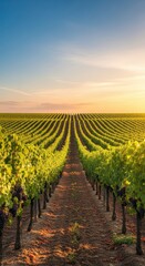 Fototapeta premium Wide panoramic view of lush agricultural land dedicated to grape cultivation. Rows of vines stretch toward a distant horizon under clear, warm skies, vines, sprawling, estate