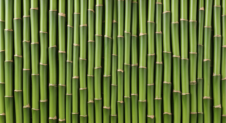 Obraz premium Realistic background of green bamboo stalks arranged vertically, showing natural texture and repeating pattern. Ideal for nature, tropical, eco, zen, and organic design themes.