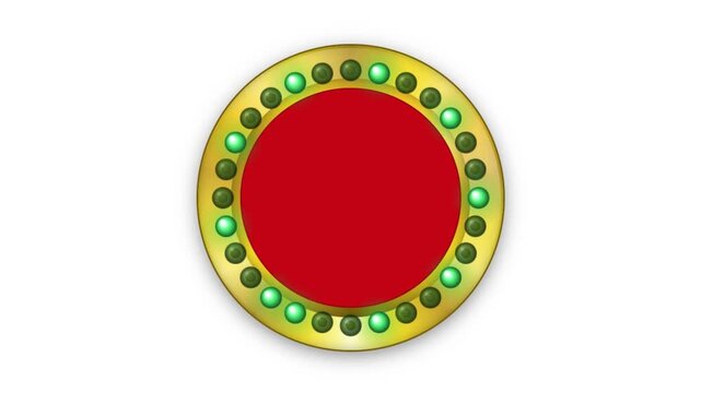 Golden Circular Frame with Flashing Green Light Bulbs on a White Background. Seamless Looping Animation Border for Eco-Friendly, St. Patrick's Day, or Success-themed Presentations