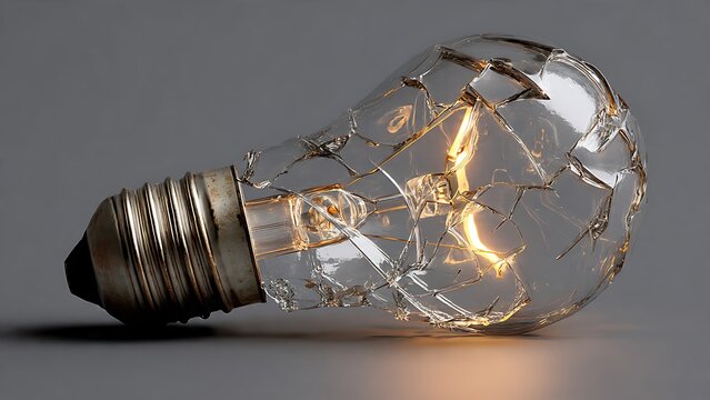 Broken glowing light bulb lying on a clean neutral surface, shattered glass revealing a warm filament inside. Concept of fragile ideas, innovation failure, creative breakthrough,