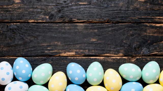 Pastel polka-dot Easter eggs framing the bottom edge of a dark rustic wooden background