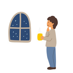 窓の外を眺めて悩んでいる飲み物を持った男性のイラスト
