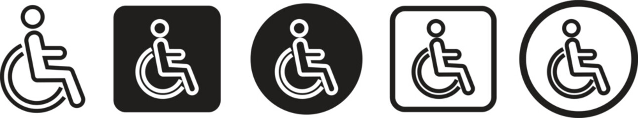 Wheelchair accessible black outline icons set. Disabled person vectors in simple and recognizable designs for accessibility isolated on transparent background. Handicapped access signs or symbols.