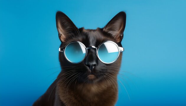 a sleek black siamese cat with minimalist silver rimmed glasses sitting poised against a solid light blue background the glasses enhance the cat s sophisticated appearance