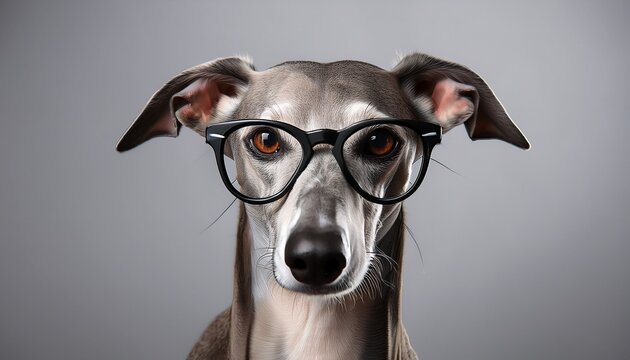 a sleek greyhound with minimalist black glasses standing proudly against a solid grey background the glasses give the dog a powerful and refined appearance