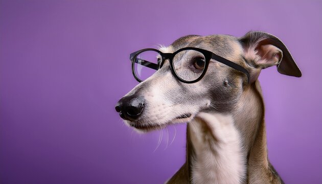 a sleek greyhound with minimalist black rimmed glasses standing proudly against a solid purple background the glasses give the dog a refined and powerful appearance