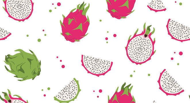 Bright and exotic seamless pattern of whole and sliced tropical dragon fruit, or pitaya, on a white background with dots.