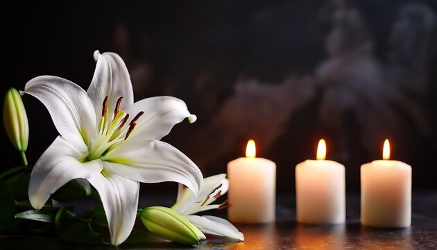 beautiful white lily flowers and burning candles on dark background funeral flowers grief death flower loss ceremony floral sadness cemetery mourning dead